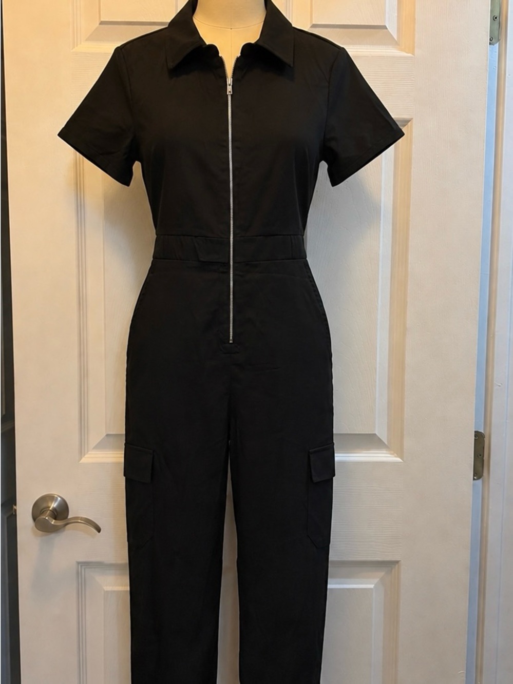 SHEIN Black Short-Sleeve Zip-Front Utility Jumpsuit